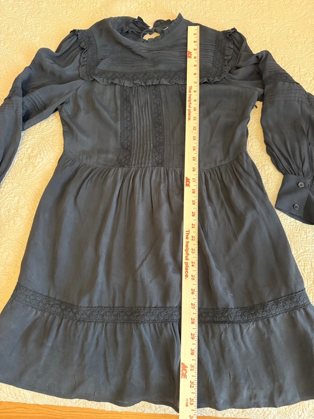 Topshop Black Long-Sleeve Lace Trim Pintuck Dress with zip up side. - Picture 12 of 12